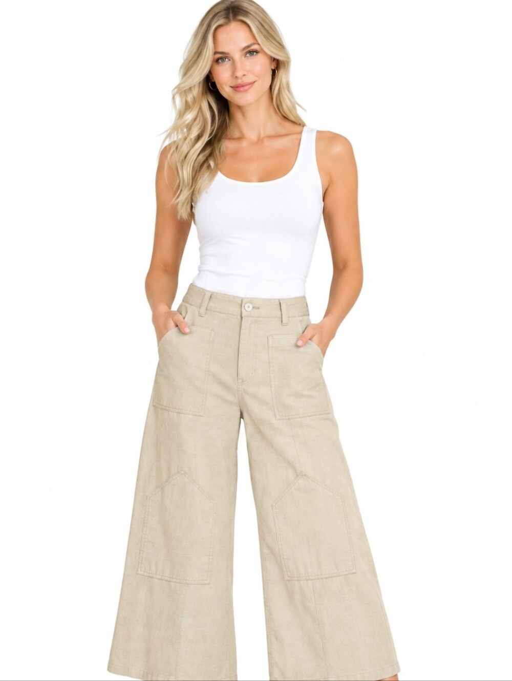 Vero Moda Women's Wide-Leg Linen Blend Baggy Pants in Light Beige (Sz:Med)